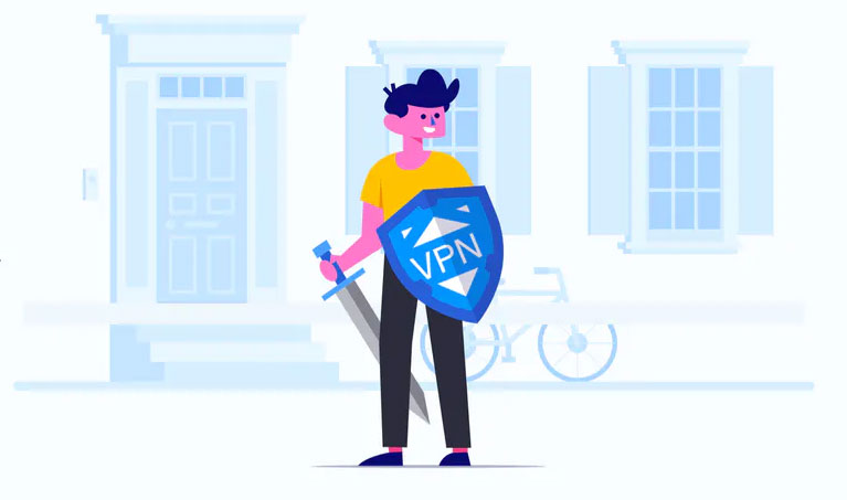 Person carrying a shield with VPN written on it